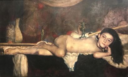 null ECOLE ITALIENNE 
Femme nue allongée 
Huile sur toile signée en bas droite 
60...