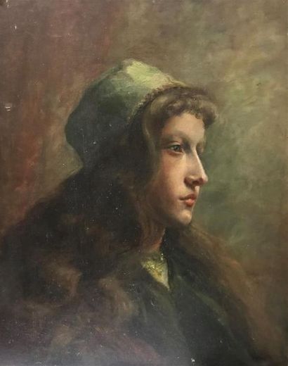 null ECOLE de la fin du XIXe siècle 
Portrait de jeune femme 
Huile sur panneau 
47...