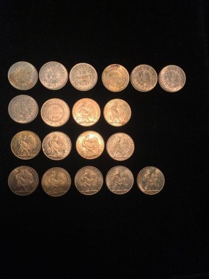 null FRANCE, Dix-neuf pièces de 20 francs or, comprenant : 
- 6 pièces de 1897 A.
-...