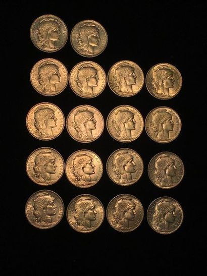 null FRANCE, Dix-huit pièces de 20 francs or, comprenant : 
- 2 pièces de 1905.
-...