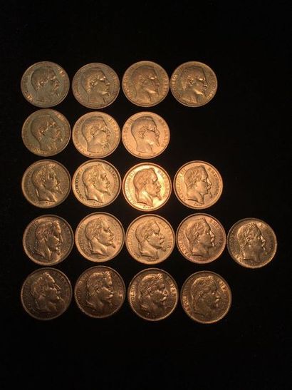 null FRANCE, Vingt pièces de 20 francs or Napoléon III et Napoléon Lauré, comprenant...