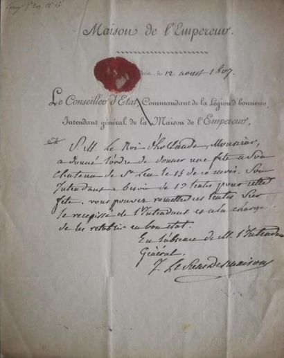 null MAISON DE L'EMPEREUR. Ordre de mission signé. Paris, 12 aoust 1807. 1p. in-4°....