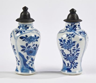 null Chine
Deux petits vases balustre en porcelaine à décor en camaïeu bleu d'arbustes...