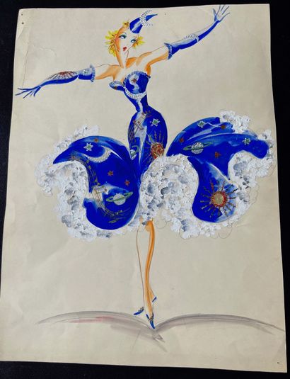 WITTOP FREDDY Soliste à la robe bleu, dessin gouachée, 25 x 33 cm.