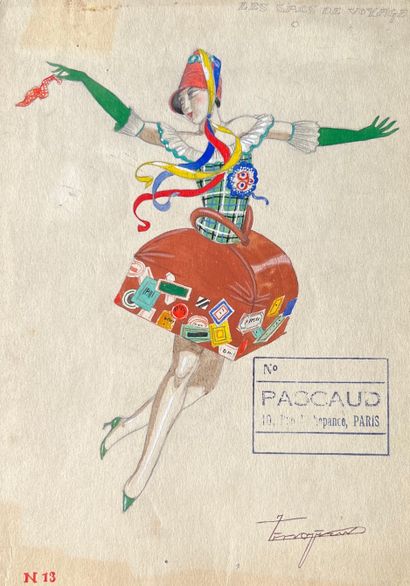 ZINOVIEW Le sac de voyage, dessin gouaché, signé, vers 1920, cachet Pascaud, 19 x...