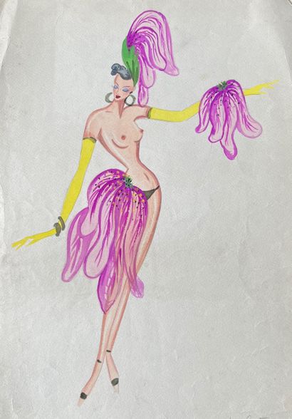 Casino de Paris Ballet des Fleurs. Toplesse, 2 gouaches sur papier, 49 x 32 cm c...
