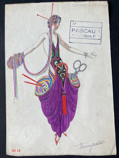 ZINOVIEW Le sac ouvrage, dessin gouaché, signé, vers 1920, cachet Pascaud, 19 x 27...