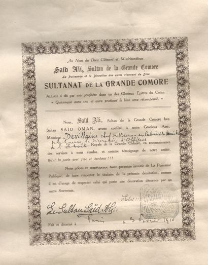 null SULTAN SAÏD ALI de la Grande Comore

Diplome de l’étoile royale de la grande...