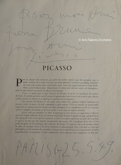 null 
PICASSO Grande et belle dédicace de Picasso à son ami Pierre Brune (1887-1956)...