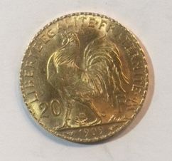null Gold coin. FRANCE

Gold coin, 20 francs Coq Marianne year 1909.

Weight : 6.45...