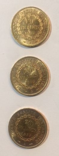 null Gold coins. FRANCE

Set of 3 Coins of 20 Francs gold IIIème République au Génie,...