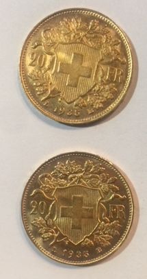 null Gold coin. Switzerland

Set of 2 gold coins Swiss Cross 20frs, 1935.

A true...