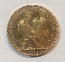 null Pièce OR. FRANCE

Pièce or, 20 francs Coq Marianne année 1914.

Poids : 6.45...