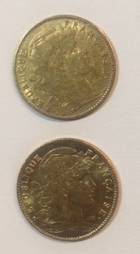 null Gold coins. FRANCE

Set of 2 gold coins, 10 francs Coq Marianne years (1899)...