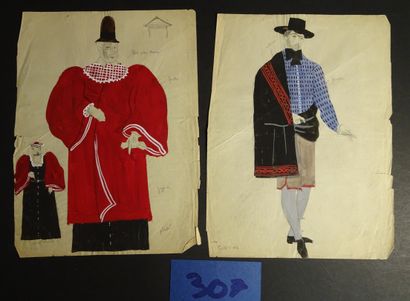  Ensemble de 4 maquettes de costume pour un spectacle à identifier c.1930. Gouaches...