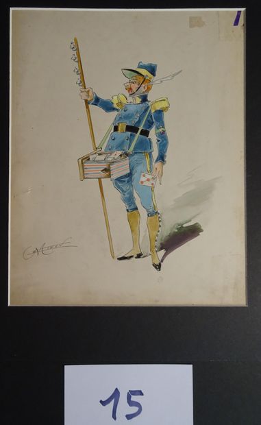 MINON MINON 
"Le musicien et le facteur " c.1880 pour une revue. 2 maquettes de costumes...