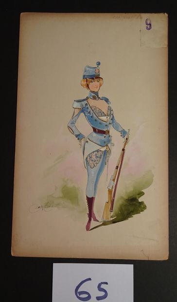 MINON MINON

"Hunters" c.1880. Model of a costume for a magazine. Watercolour gouache,...