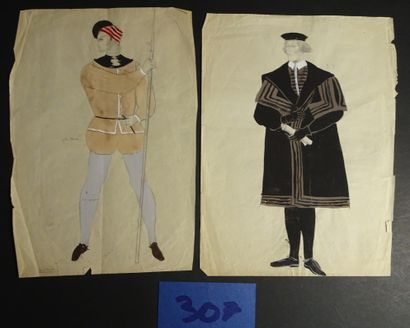  Ensemble de 4 maquettes de costume pour un spectacle à identifier c.1930. Gouaches...