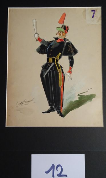 MINON MINON 
"Le gendarme et le maire " c.1880 pour une revue. 2 maquettes de costumes...