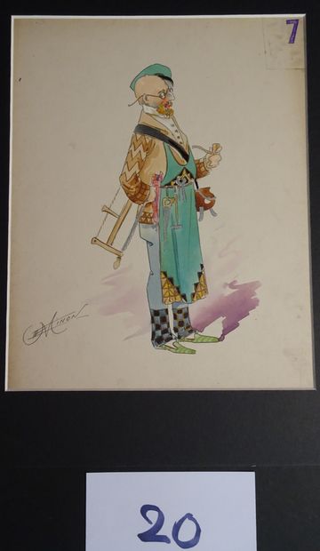 MINON MINON 
"L'ébéniste et l'aboyeur " c.1880 pour une revue. 2 maquettes de costumes...