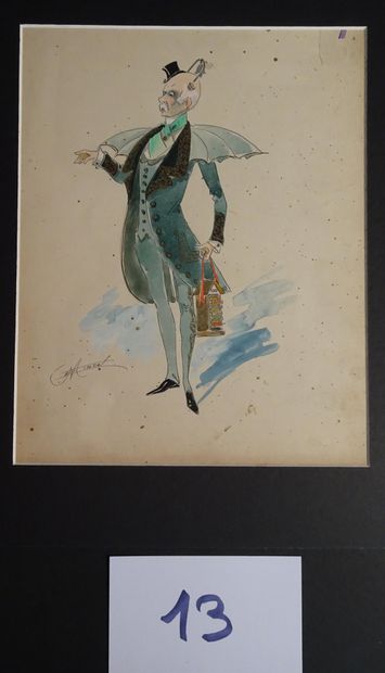 MINON MINON 
"Le fleuriste et le parachutiste" c.1880 pour une revue. 2 maquettes...