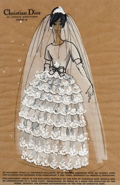 null CHRISTIAN DIOR. Dessin gouaché représentant une robe de mariée sur papier entête...