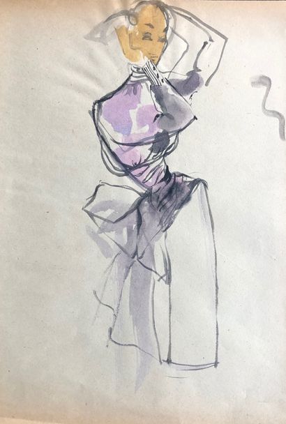 null CRISTOBAL BALENCIAGA - Gouache sur papier projet de robe, 25 x 31 cm. Provenance...
