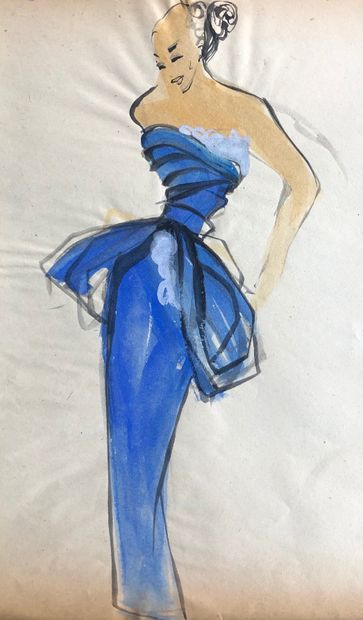 null CRISTOBAL BALENCIAGA - Gouache sur papier projet de robe, 25 x 31 cm. Provenance...