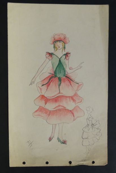 null SOUKOULOFF. "Danseuse robe rose", vers 1920, gouache signée, 24 x 15 cm.