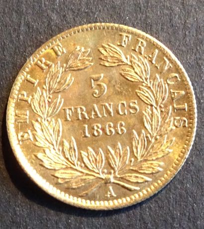 null Pièce OR. Pièce de 5 francs OR, 1866, tête laurée.
Poids : 1,62 g.