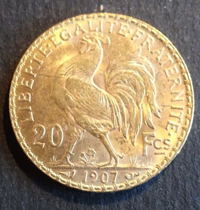 null Pièce OR. Pièce 20 francs Or au coq, 1907.
Poids : 6,46 g.