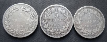 null 3 piéces de 5 frs Louis Philippe en argent, type Domard, 1831. Sur la tranche...