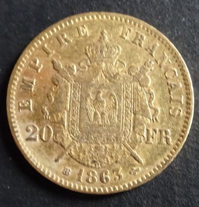 null Gold coin. Coin 20 francs Or, Napoleon III, Tête laurée, 1863.
Weight : 6,45...