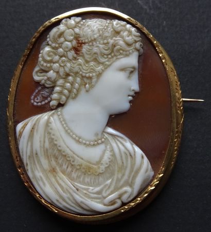 null GOLD brooch, shell cameo, carved of a woman with drapery and hair in the antique...