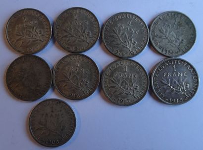 null 9 pièces 1 francs semeuse, argent comprenant 1 pièce 1908 + 1 pièce 1911 + 1...