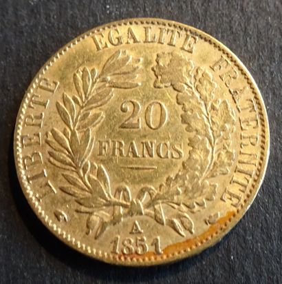 null Pièce OR. Pièce 20 francs Cérés, OR, 1851 A.
Poids : 6,42 grammes.