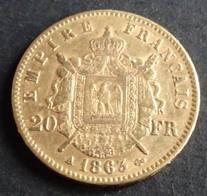 null Pièce OR.Pièce 20 francs Or, Napoléon III, Tête laurée, 1863.
Poids : 6,49 ...