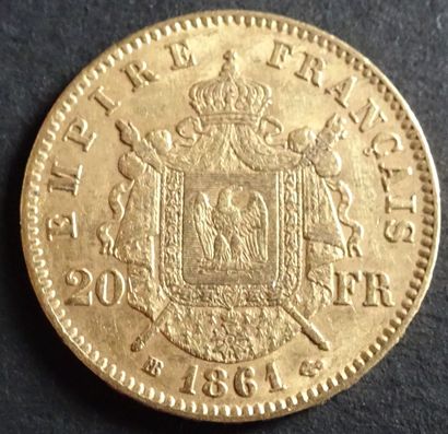 null Pièce OR. Pièce 20 francs Or, Napoléon III, Tête laurée, 1861.
Poids : 6,45...