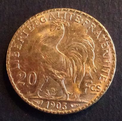 Gold coin. Coin 20 francs Gold with rooster,...
