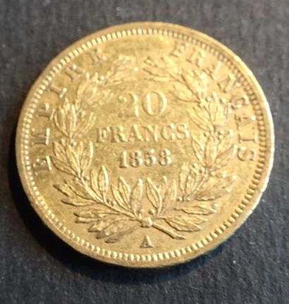 null Pièce OR.Pièce 20 francs Napoléon III, OR, tête nu, signé BARRÉ au dessus. 1858.
Poids...