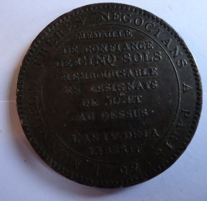 null Manneron of 5 sols to the oath, 3rd type, 1792, copper. Slice : Department of...