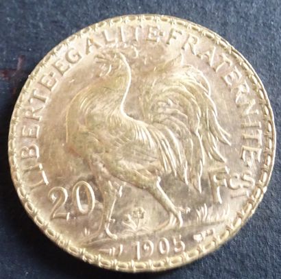 null Gold coin. Coin 20 francs Gold with rooster, 1905.
Weight : 6,48 g.