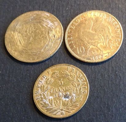 null Pièces OR. 2 pièces 10 francs, coq Marianne, OR + une pièce de 5 frs, OR Napoleon...