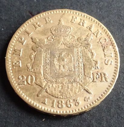 null Pièce OR. Pièce 20 francs Or, Napoléon III, Tête laurée, 1863.
Poids : 6,47...