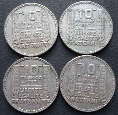 null Ensemble de 4 pièces 10 frs Turin en argent, 1933, 1932, 1931, 1930. Graveur...