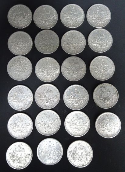 23 coins of 5 francs Semeuse in silver including...