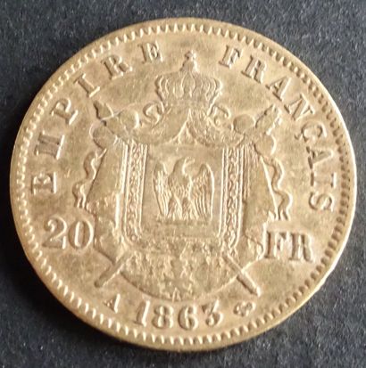 null Pièce OR. Pièce 20 francs Or, Napoléon III, Tête laurée, 1863.
Poids : 6,46...