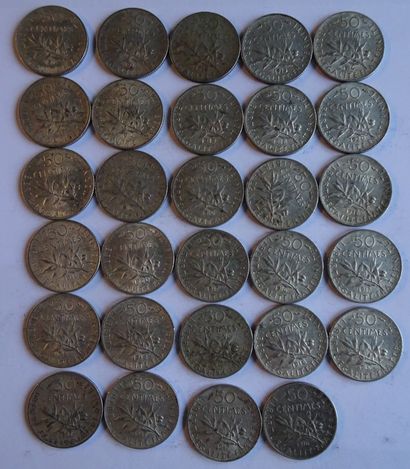 null 28 pièces 50 cts semeuse, argent, comprenant 1 pièce 1913 + 1 pièce 1914 + 1...