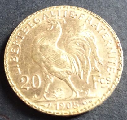null Pièce OR. Pièce 20 francs Or au coq, 1905.
Poids : 6,48 g.