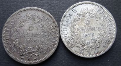 null 2 pièces de 5 frs en argent, Hercule II, république. 1848 et 1875. Poids : 49,70...